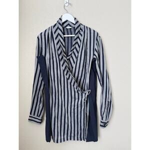 Tome Cabana Striped Wrap Blouse Size Medium Gray Blue Unlined Long Top Dress
